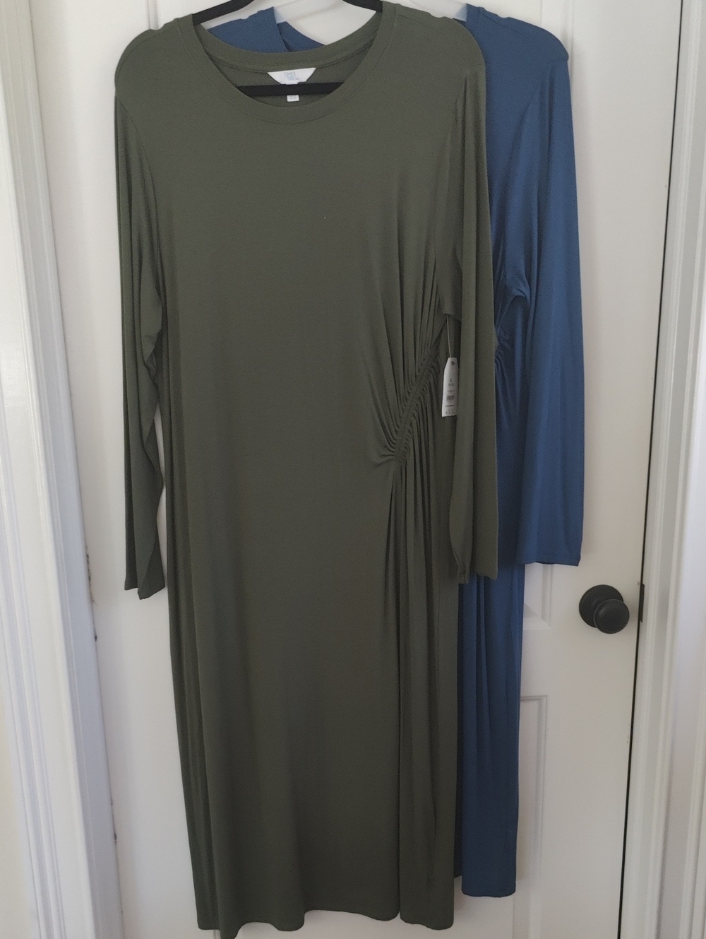 Time and Tru Olive Green and Blue Long Sleeve Side-Ruched Maxi Dress